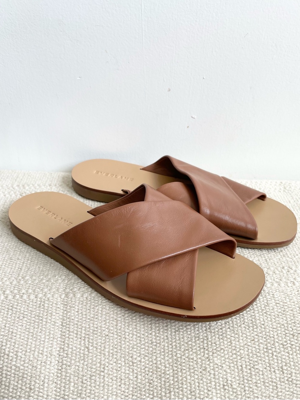 Everlane Leather Slide Sandals Brown Leather Crossover Sz 7 Summer Sandal Italy
